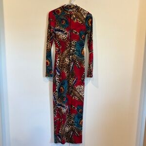 Cherie Peacock Feather Animal Print Maxi Dress Long Sleeve Size M